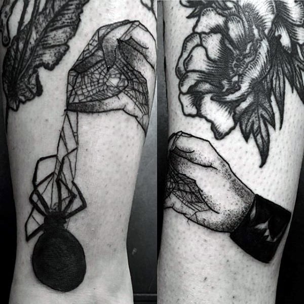 Dangling Spider Web Mens Arm Tattoo