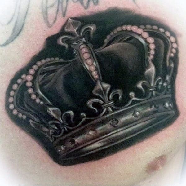 Dark 3D Crown Tattoo On Chest For Guys