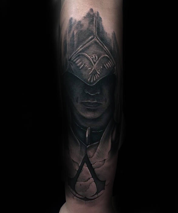 Dark 3d Mens Shaded Black And Grey Assassins Creed Forearm Tattoo Design Ideas