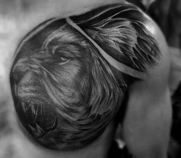 Dark Black And Grey Ink Guys Shoulder Lion Tattoo