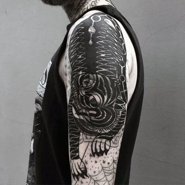 Dark Black Ink Blackwork Mens Traditional Arm Tiger Tattoos