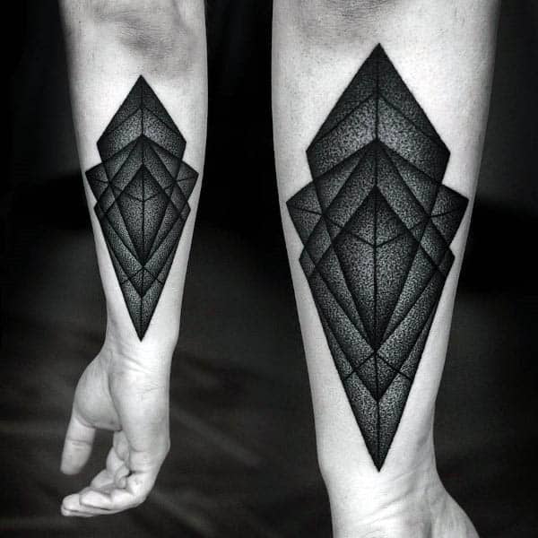 Dark Black Ink Pointillism Shapes Mens Inner Forearm Tattoo