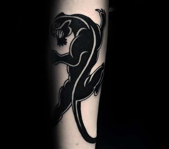 Dark Black Ink Traditional Panther Male Forearm Tattoo Design Ideas