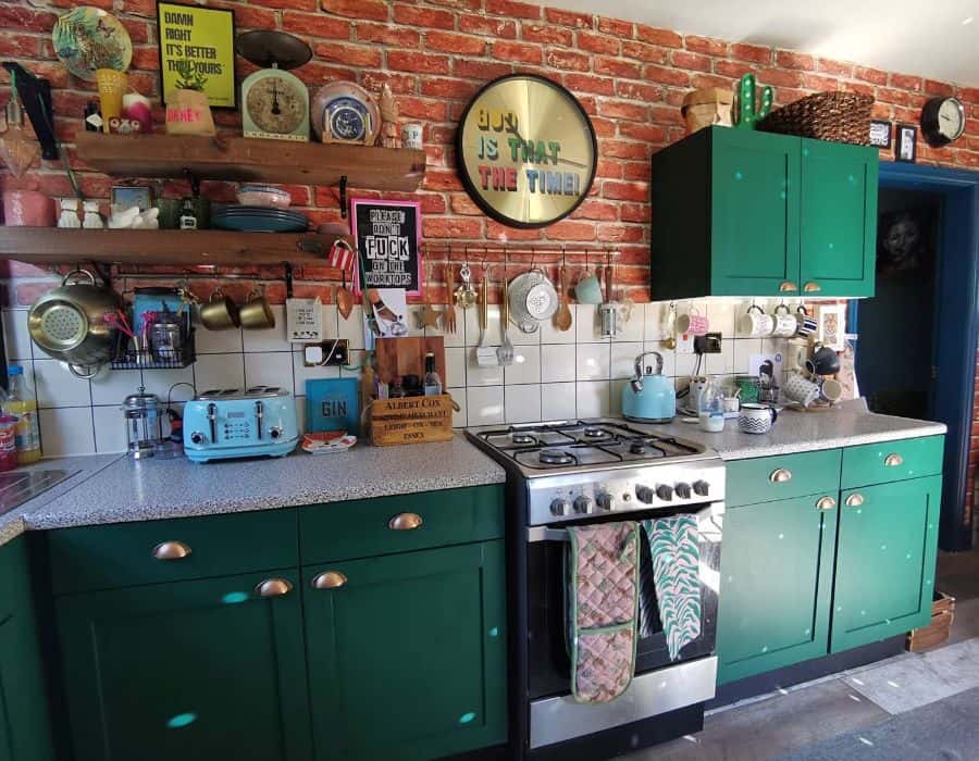 two tone brick wall white tile kitchen wall green cabinets 