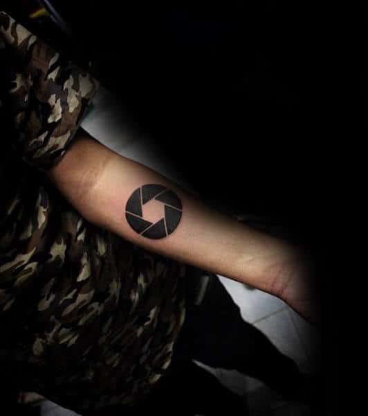 Dark Camera Lens Cover Tattoo Male Forearm