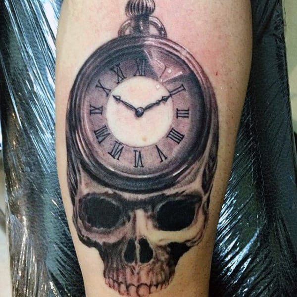 Dark Eyed Skull With Pocket Watch Tattoo On Arms Men
