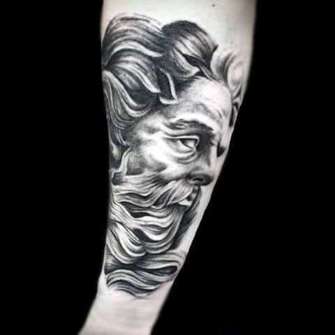 dark greek god tattoo on arms