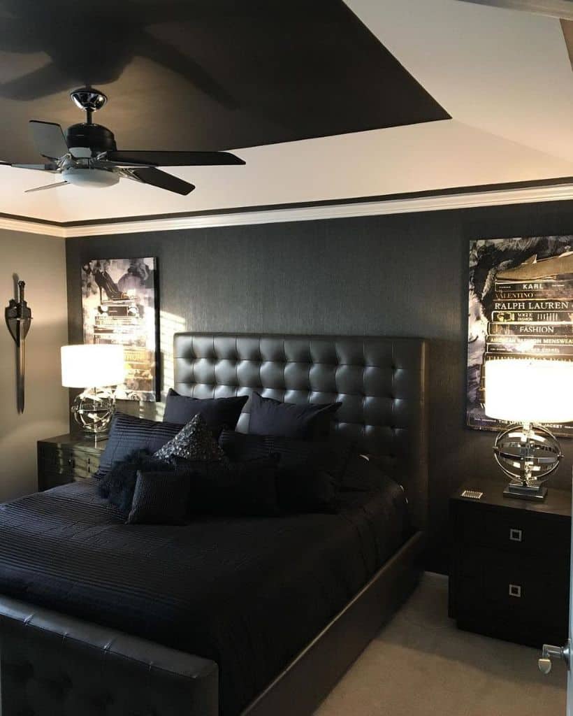 dark masculine bedroom with black bed