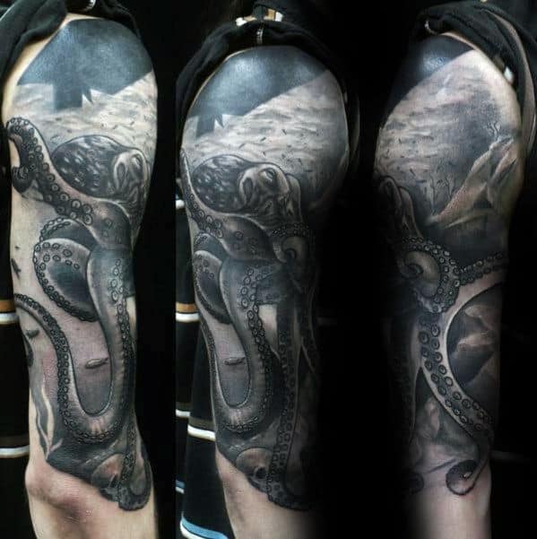 Dark Ocean Floor Octopus Mens Arm Tattoo Ideas