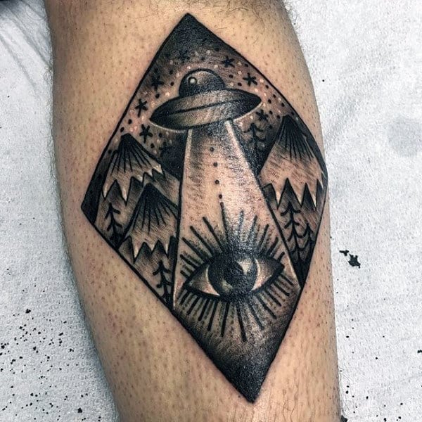 Dark One Eyed Rays From Ufo Tattoo Male Calves