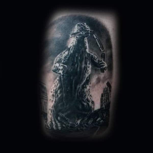 Dark Scene Black And Grey Of Godzilla On Man