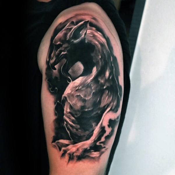 Dark Shaded Black And Grey Male Gargoyle Arm Tattoos
