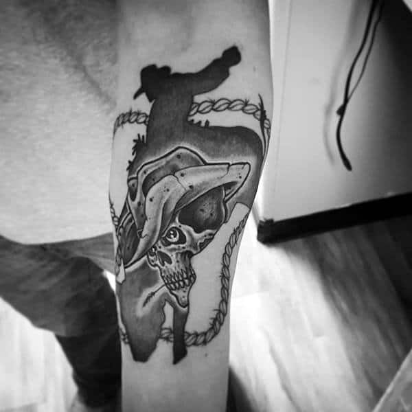 Dark Shaded Cowboy Skull With Lasso Tatto For Guys