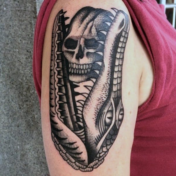Dark Skull And Alligator Tattoo On Arms For Males