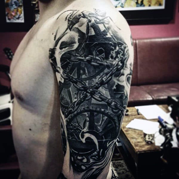 Dark Steampunk Tattoo With Metallic Chains Male Arms
