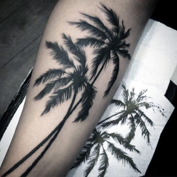 Dark Tall Palm Tree Tattoo For Men On Legs