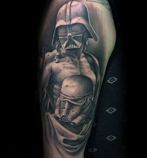 Darth Vader And Stormtrooper From Star Wars Mens Half Sleeve Shaded Tattoo