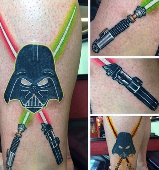 Darth Vader Crossed Lightsaber Mens Leg Tattoos