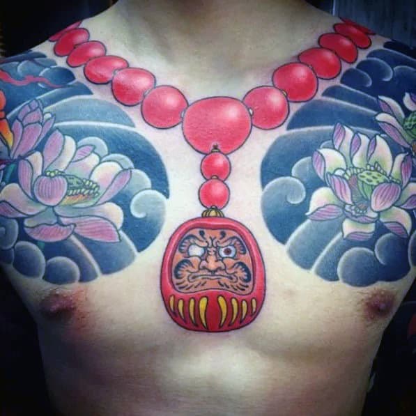 Daruma Doll Necklace Mens Chest And Collarbone Tattoo