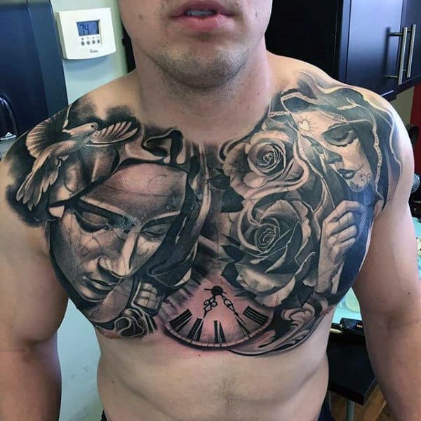 Day Of The Dead Religious Mens Awesome Chest Tattoo Design Ideas