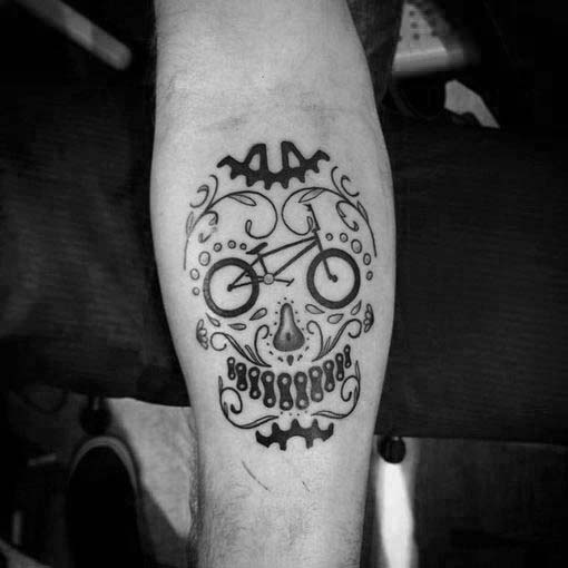 Day Of The Dead Skull Bmx Themed Guys Inner Forearm Tattoo