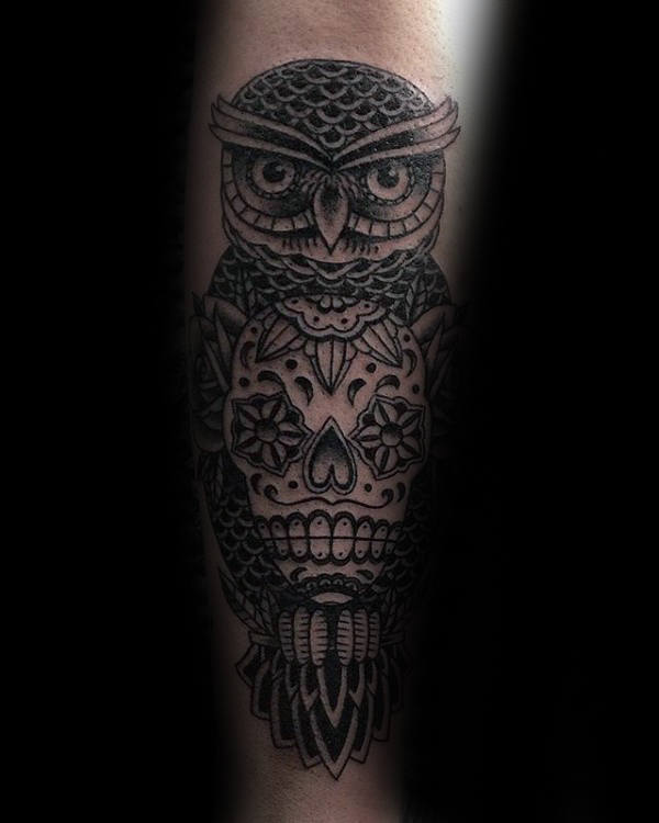 Day Of The Dead Skull Male Owl Traditional Forearm Tattoos