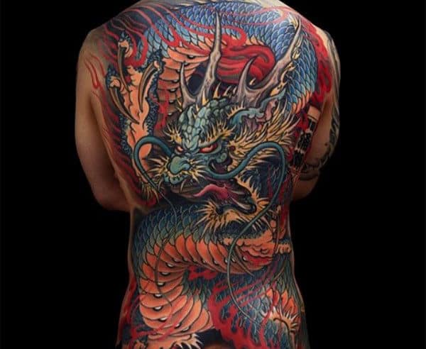 Dazzling Colored Chinese Dragon Tattoo Guys Full Back