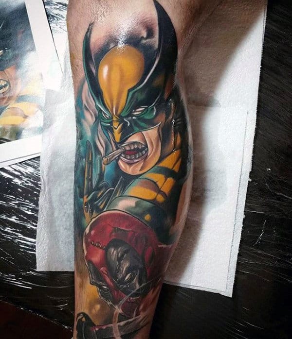 Deadpool With Wolverine Mens Leg Sleeve Tattoo