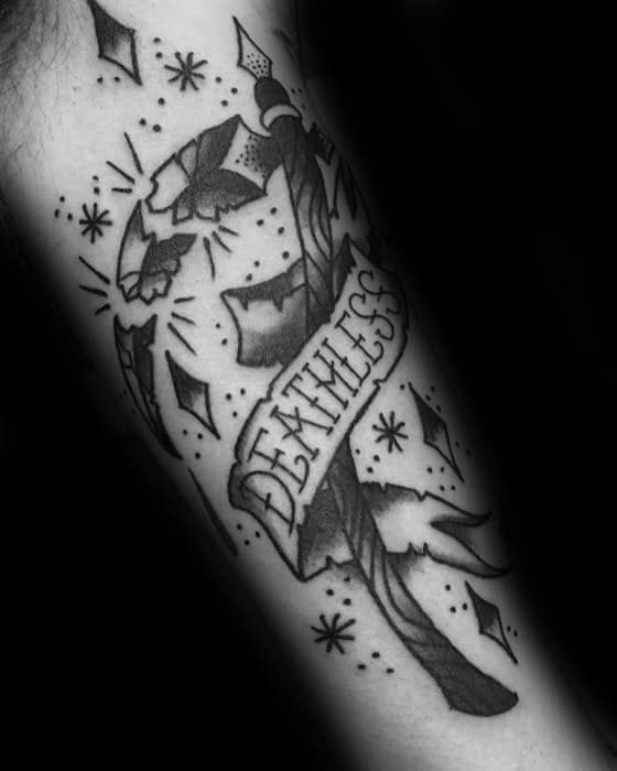 Deathless Banner Tradtional Scythe Male Tattoo Designs On Forearm