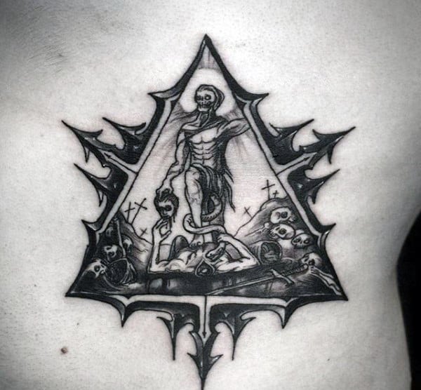 Deathly Snakes With Skulls On Triangle Tattoo On Torso