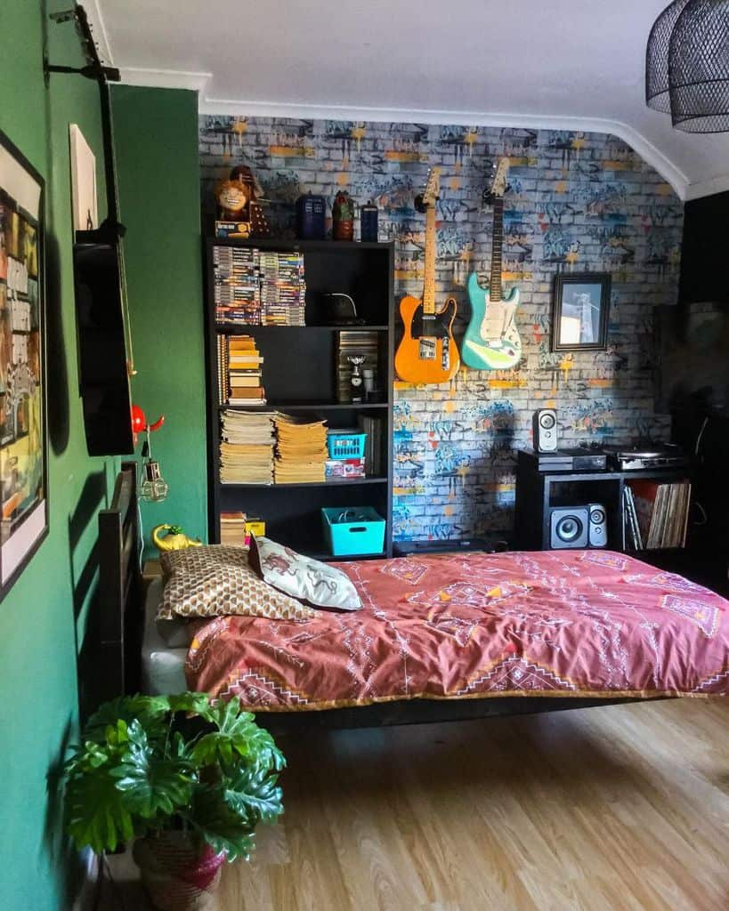 music themed bedroom with hanging guitars