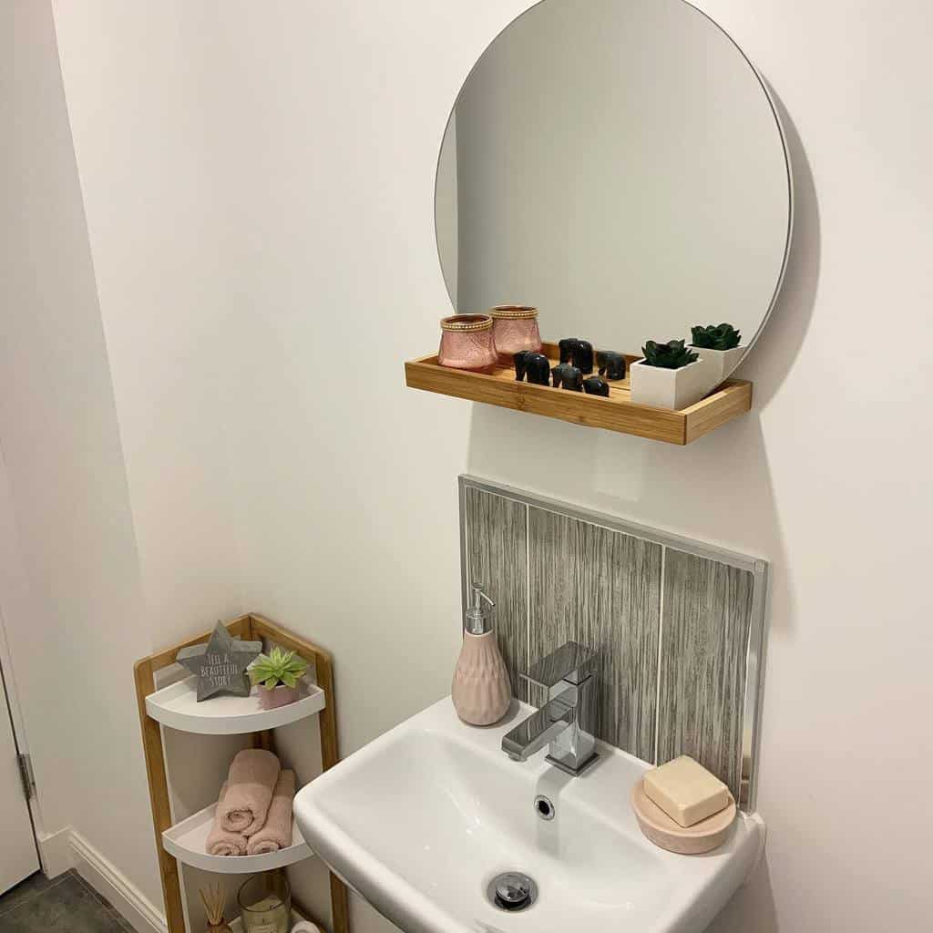 small bathroom wall vanity mirror wood shelf 