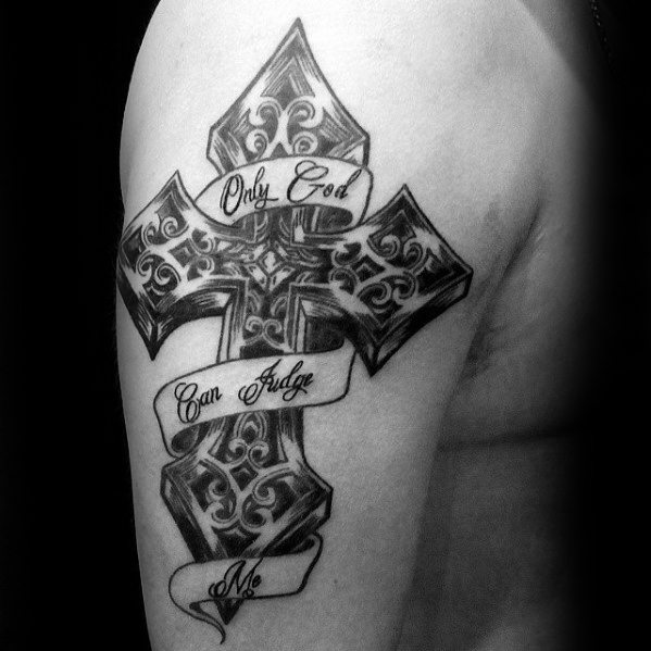 decorative cross only god can judge me mens arm tattoos