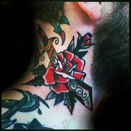 Decorative Dagger Red Rose Flower Male Traditional Neck Tattoo