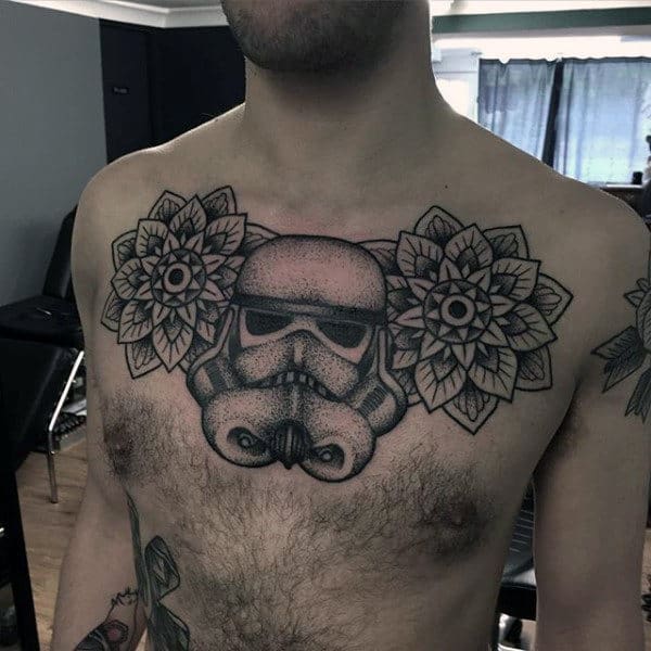 Decorative Flower Mens Dotwork Stormtrooper Helmet Chest Tattoos