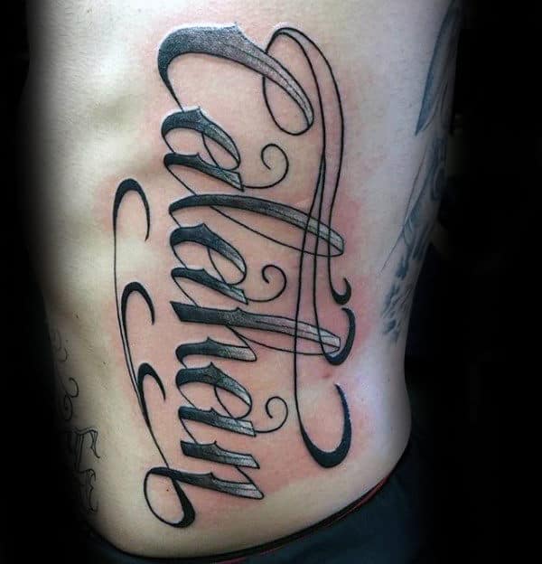 Decorative Font Mens Name Rib Cage Side Tattoo