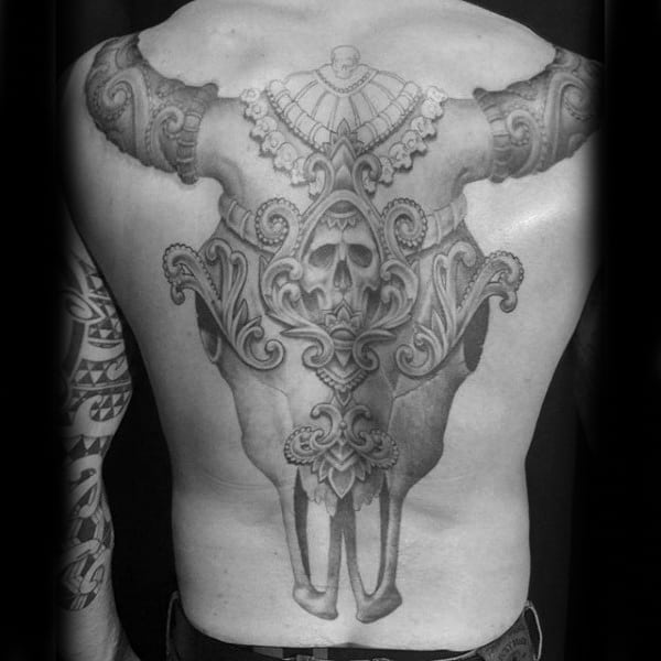 Decorative Full Back Male Bull Skull Tattoo Design Ideas