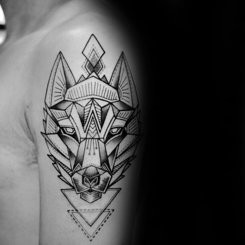 Decorative Geometric Wolf Upper Arm Tattoos On Gentleman