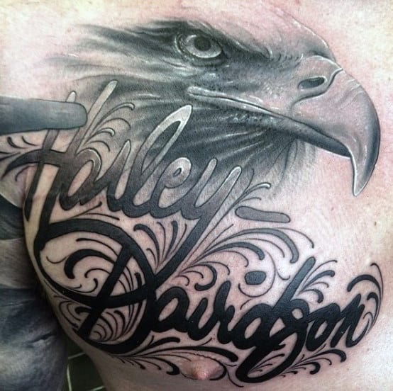 Decorative Guys Tattoo Harley Davidson On Chest With Bald Eagle