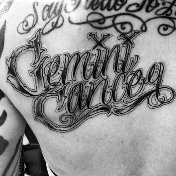 Decorative Lettering Mens Gemini Back Tattoo Designs
