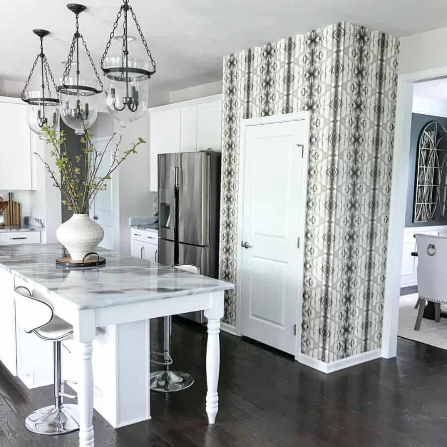 country style white kitchen pattern wallpaper pendant lights