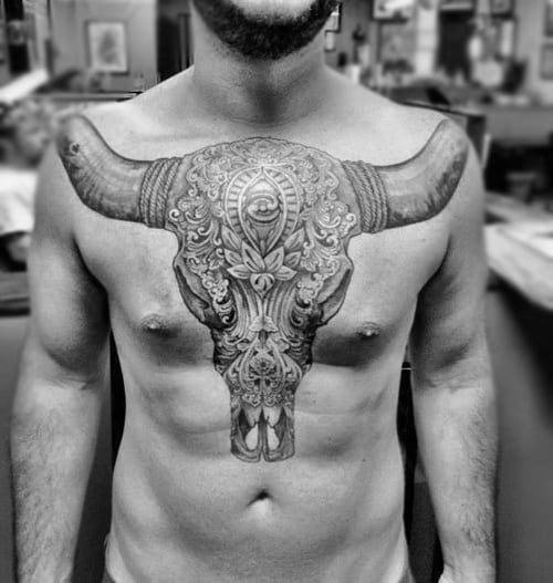 Decorative Mens Bull Skull Chest Tattoo Design Ideas