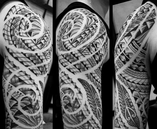 Decorative Negative Space Spirals Mens Samoan Half Sleeve Tribal Tattoo Ideas