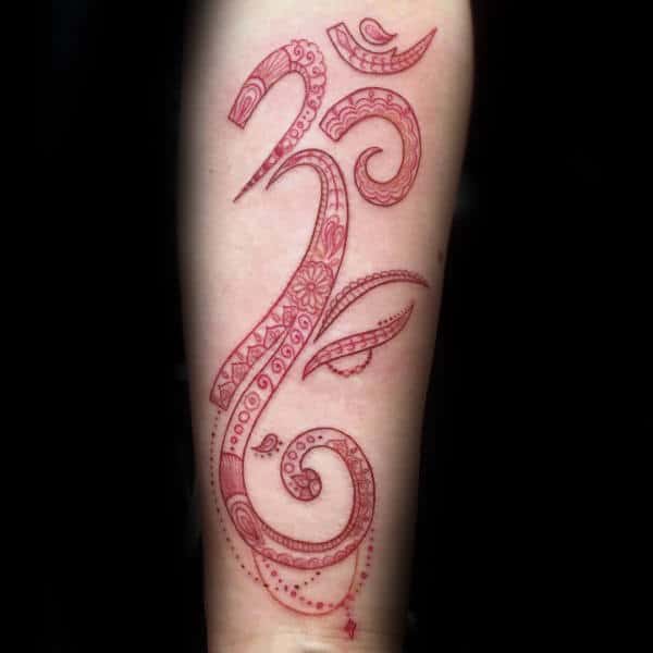 Decorative Ornate Male Om Forearm Tattoo With Red Ink Design