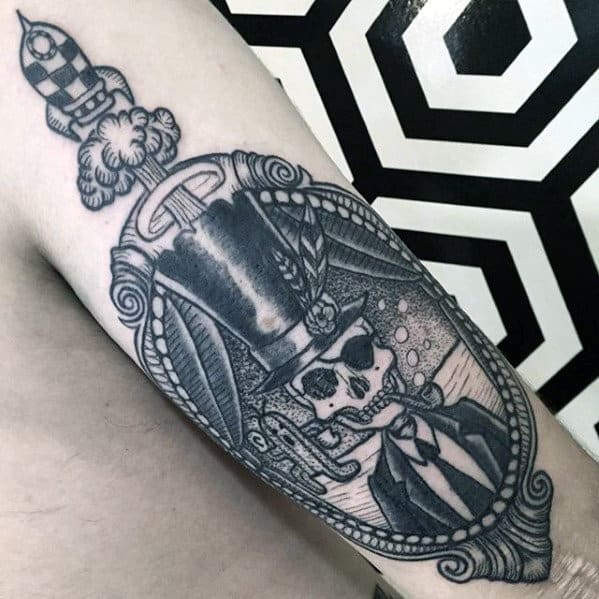 Decorative Skeleton With Rocket Ship Mens Tricep Tattoo