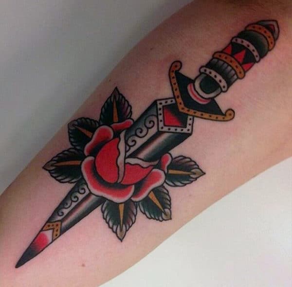 Decorative Traditional Dagger Mens Rose Arm Tattoos
