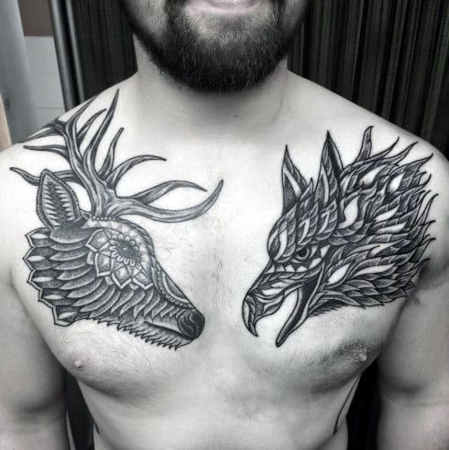 Decorative Traditional Deer Guys Chest And Shoulder Tattoo