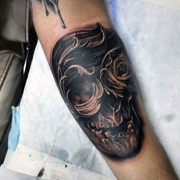 Decroative Ornate Skull Inner Forearm Guys Tattoos