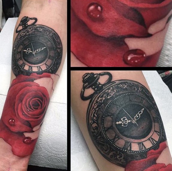 Deep Red Rose With Dew And Pocket Watch Tattoo Forearms Male
