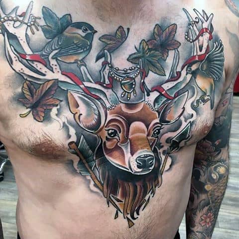 Deer Acorn Mens Amazing Neo Traditional Chest Tattoos